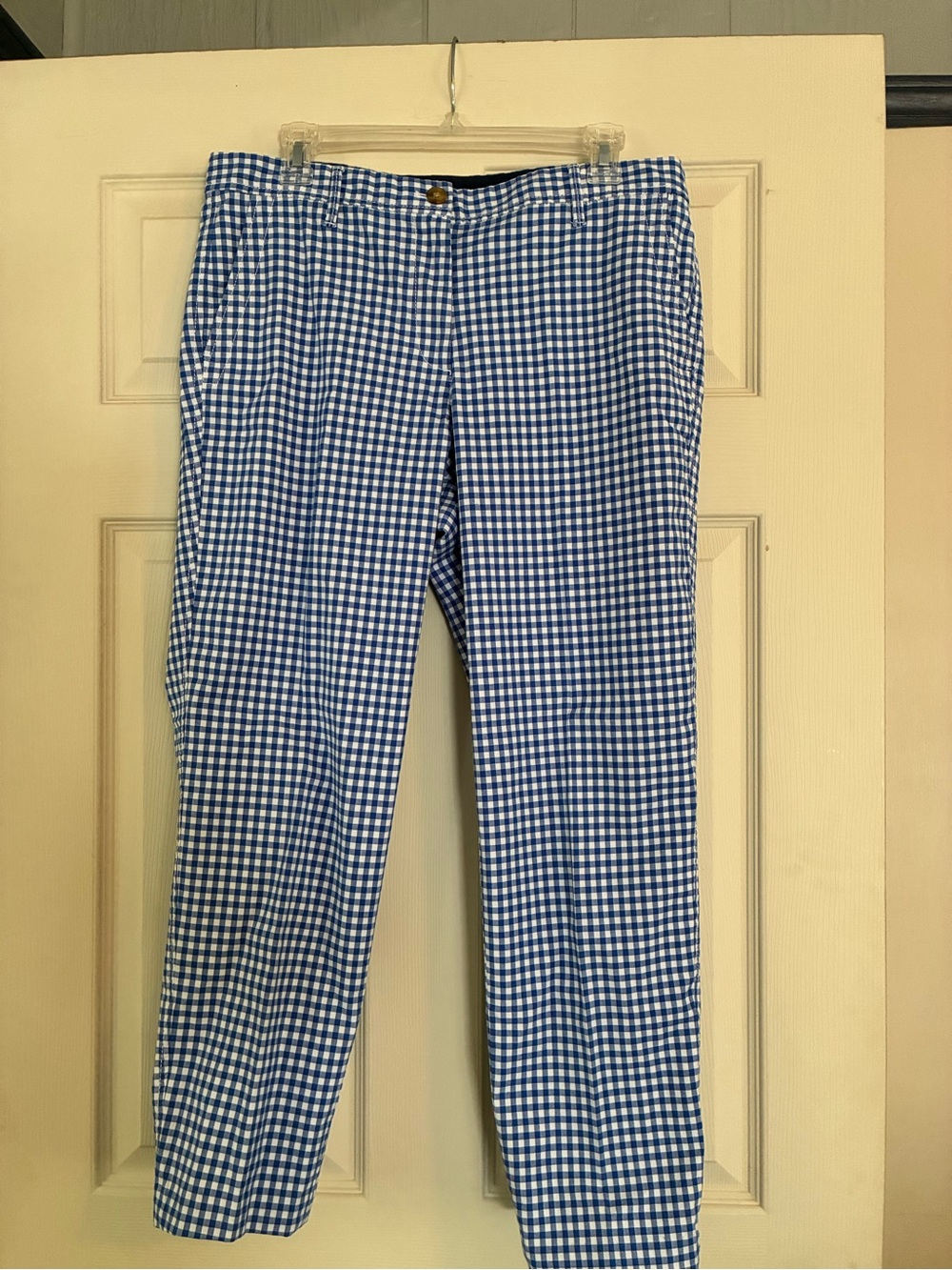 Talbots Blue and White Gingham Straight-Leg Pants zipper front back pockets